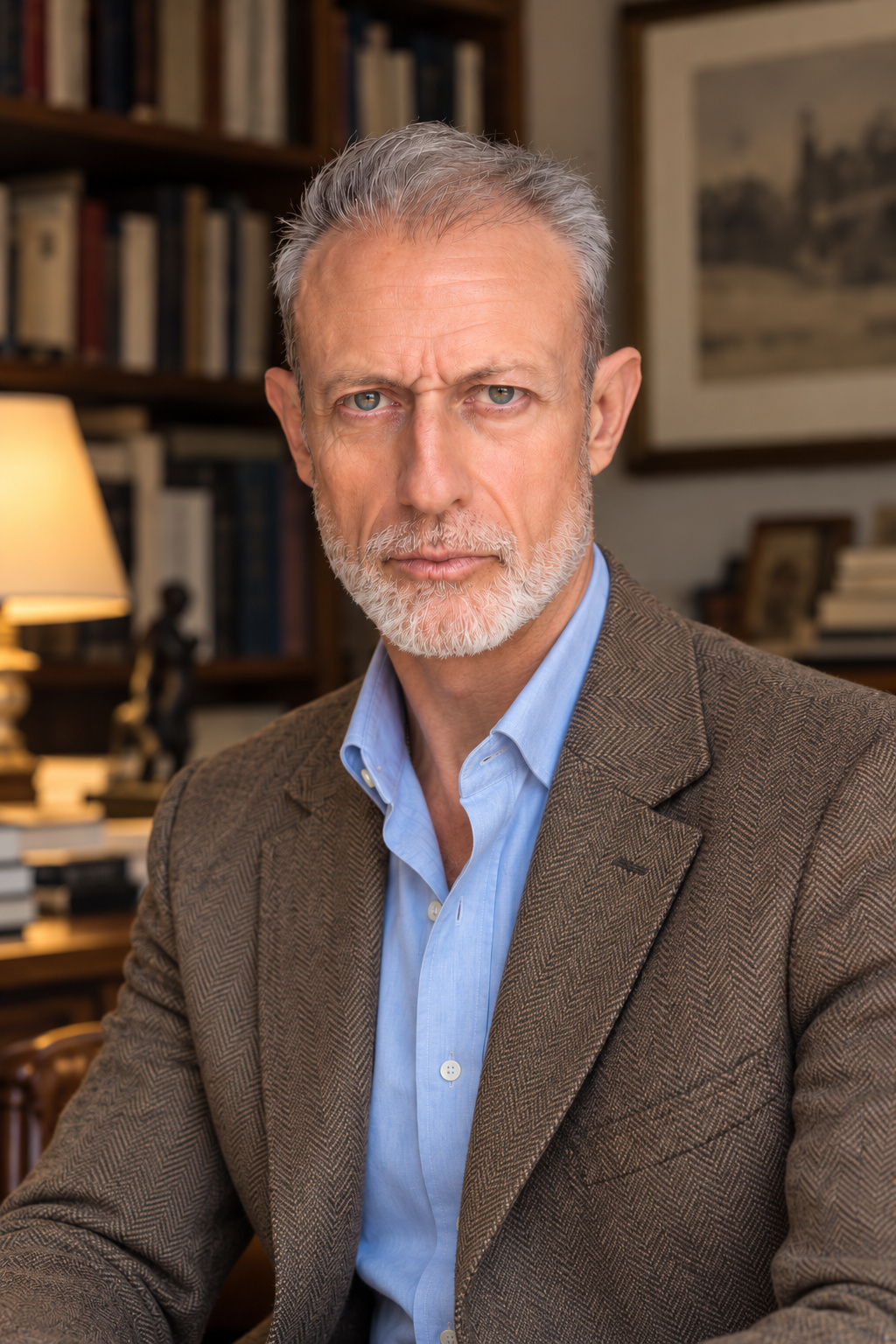 Francisco Dancausa con americana de tweed y camisa azul clara
